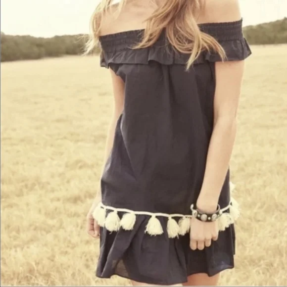 MISA Los Angeles Gia Off The Shoulder Tassel Mini Dress Navy Blue - Picture 2 of 14